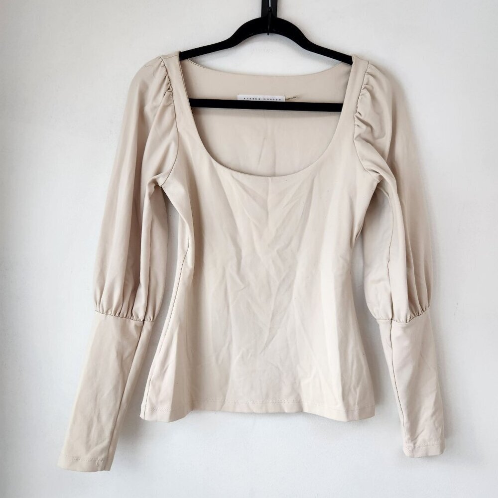 Susana Monaco Beige Blouse Square Neck Stretch Long Cuff Puff Sleeves Women's S
